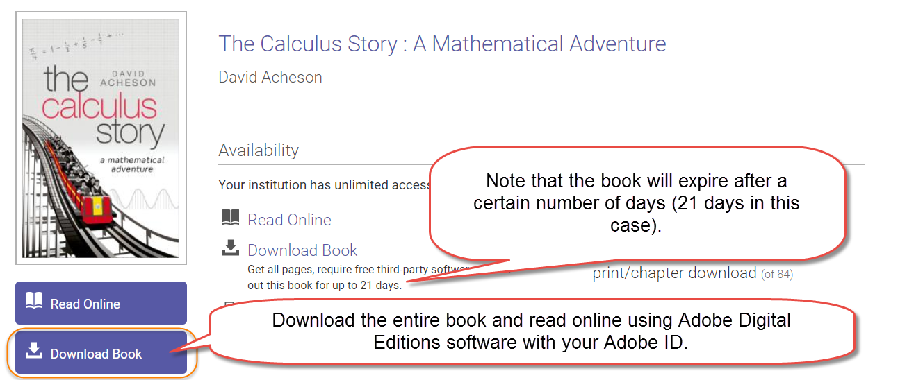 To download the full book, click the Download Book button, which will download a file that can be opened with Adobe Digital Editions software that has been authorized with an Adobe ID. Note that downloaded ebooks using Adobe Digital Editions expire after a certain number of days (usually noted on the ebook download screen).