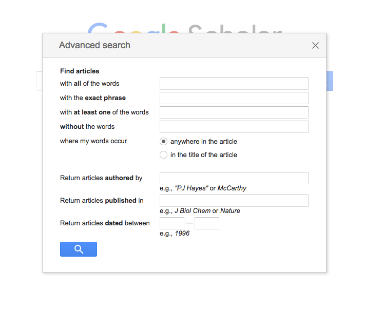 Google Scholar Advanced Search Menu