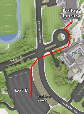 Map of campus with Lot C, Lot C parking kiosk, the Kellogg Library, and a walking route between Lot C and the Kellogg Library.