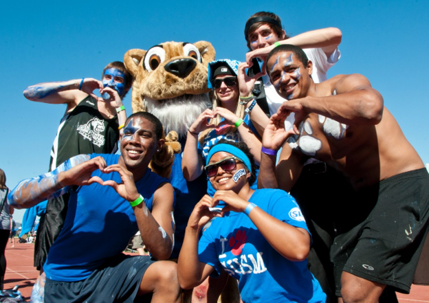 Crash the Cougar with students in spirit gear. Photograph by Jim Mickelson (2011)